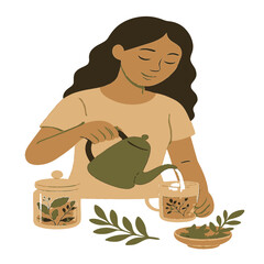  Woman Preparing Herbal Tea, Wellness Routine and Healthy Lifestyle Vector isolated white background
