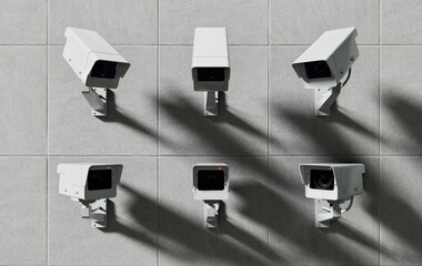 Security, CCTV, surveillance cameras on concrete wall, total control background