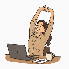  Woman Stretching Arms After Long Work, Relief, Relaxation and Wellness Concept isolated white background