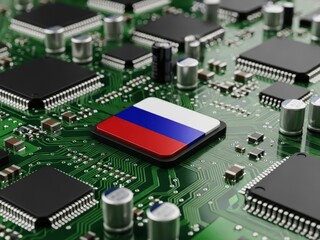 Obraz premium Russia Flag CPU Processor Chip on Circuit Board Technology Concept
