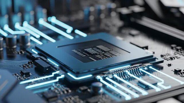 Close-up animation of a CPU microprocessor activating on a dark motherboard with glowing blue data streams flowing across the circuit board