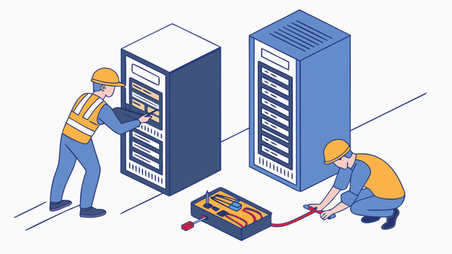 Isometric illustration depicts server maintenance and repair work with a technician and detailed equipment silhouette