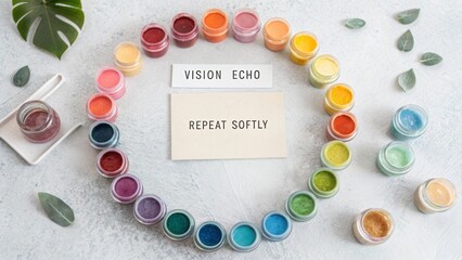 A Circular Flat Lay Arrangement of Soft Pastel Watercolor Jars Showcasing a Spectrum of Vibrant Colors