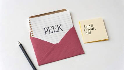 A close-up view of the word PEEK written on a piece of paper peeking out of a folded red envelope.
