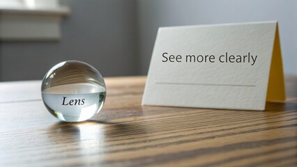 A clear glass marble labeled Lens sits on a wooden tabletop next to a card reading See more clearly
