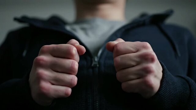 Clenched fists of a man in a hoodie, a silent battle against inner turmoil, expressing a profound, unvoiced moaning of frustration and resolve