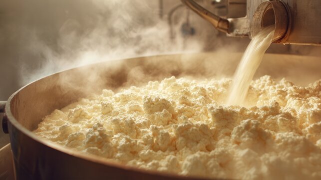 fresh ricotta cheese being made with hot whey poured over soft curds in a professional dairy production environment, close-up food processing scene, visible steam and liquid motion