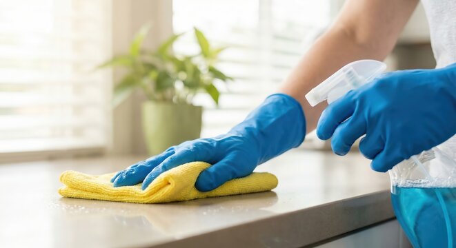 Close up of an adult White woman wearing blue gloves cleaning and sanitizing a countertop with a yellow cloth and spray bottle in a bright home interior during the morning