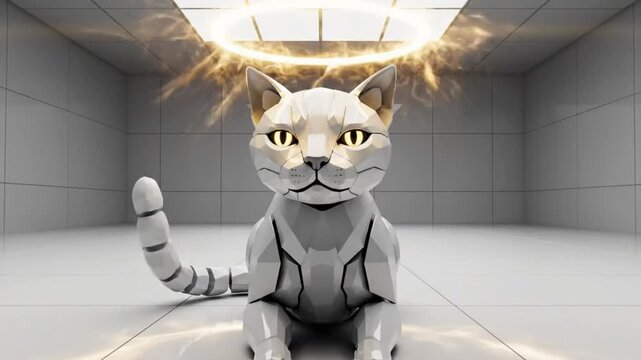 Futuristic robot cat with glowing halo in a modern, minimalist white interior, digital animation