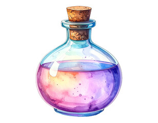 Watercolor Painting of Glass Bottle with Liquid.