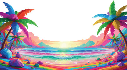 Surreal Tropical Beach Sunset with Rainbow Palms