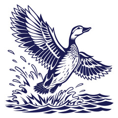 Obraz premium A majestic duck taking flight from the water displaying broad wings and dynamic water splashes silhouette
