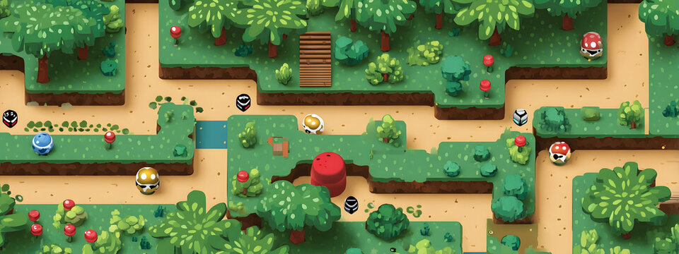 Retro pixel art platformer level design with lush greenery and a winding path