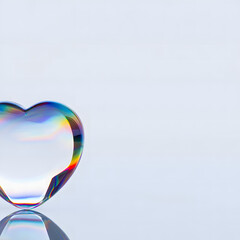 Crystal heart with rainbow prism reflection on clean surface