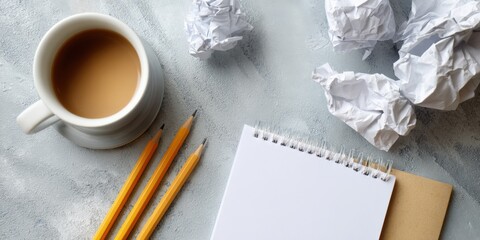 Creative workspace with coffee mug, note pad, pencils, and crumpled paper