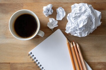 Coffee break with crumpled paper and pencils on desk