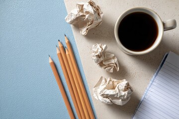 Coffee and crumpled paper with pencils on textured background