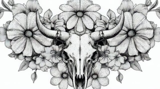 Detailed grayscale illustration of a cow skull surrounded by flowers