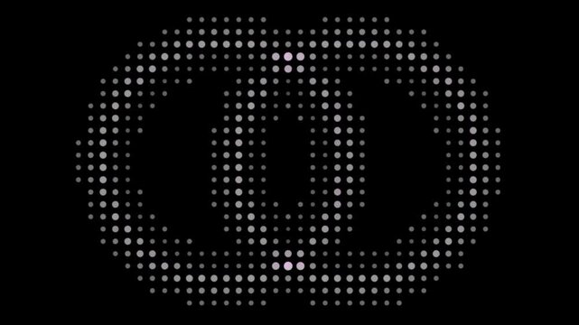 Monochrome Halftone Interlocking Rings Loop. Abstract animation of white dots forming linked circles, symbolizing connection or unity, on black background. Seamless and minimal