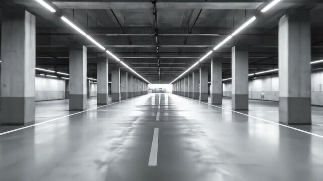 Empty underground parking garage with concrete pillars and fluorescent lighting, creating a symmetrical perspective.