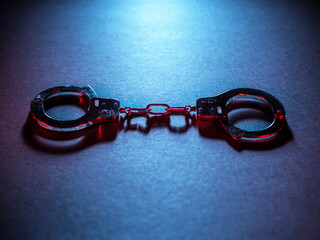 Handcuff under blue and red light symbolizing crime and punishment