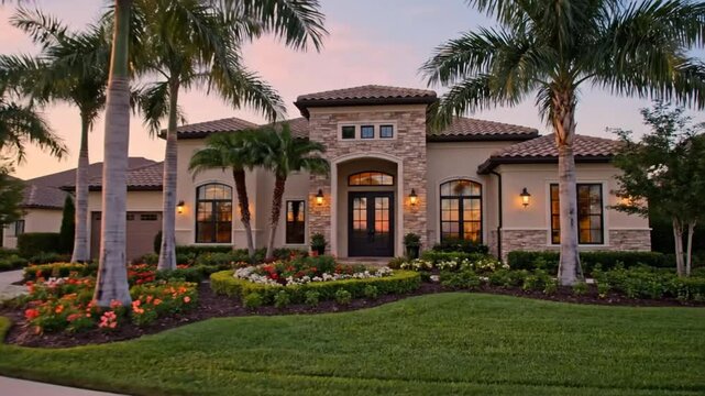 Luxurious single-family home with landscaped yard and palm trees at dusk, suburban residential area
