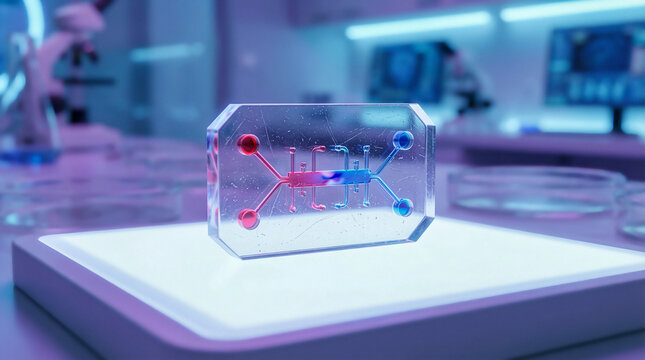 Microfluidic: Microfluidic organ-on-a-chip device on sterile lab surface, biotech research, drug discovery concept in modern laboratory..