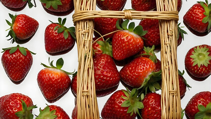 Wicker basket filled with fresh strawberries on white background
