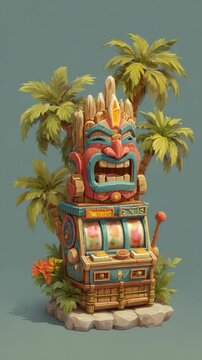 Whimsical Tiki Slot Machine Illustration - Tropical Gaming Design for Entertainment and Advertising Projects