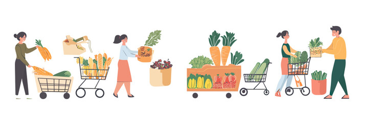 Fototapeta premium Diverse people buying fresh organic vegetables with shopping carts and baskets in supermarket flat minimalist vector illustration concept grocery store food shopping healthy lifestyle