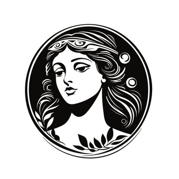 Minimalist black and white vector illustration of classical Greek goddess Aphrodite portrait with flowing hair and laurel wreath in circular frame