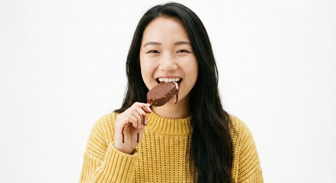 Portrait of a joyful young Asian woman with long hair, wearing a yellow ribbed sweater, biting into a chocolate-covered ice cream bar against a plain white studio background.