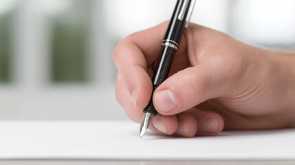 Hand writing with a fountain pen on blank white paper, close up of signing a contract, drafting legal or business documents, focused professional handwriting and inked signature, copy space