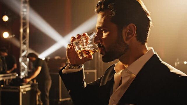Sophisticated man in a tuxedo holding a whiskey glass backstage at a concert with stage lighting
