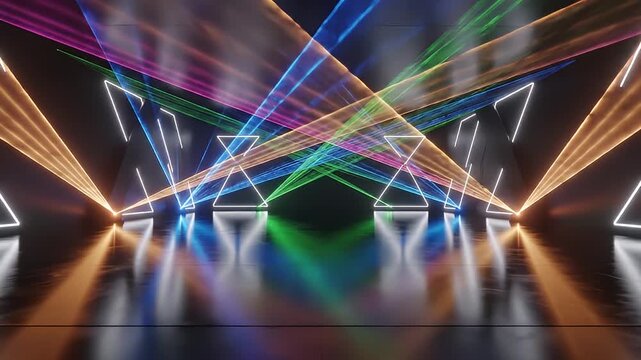 Futuristic Neon Laser Light Show in Dark Reflective Tunnel with Geometric Shapes and Vibrant Colors.