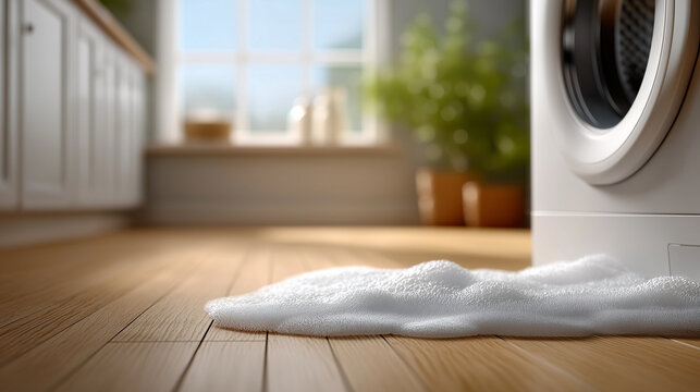 Washing machine leaking soap suds and bubbles across the wooden floor in a home laundry room, causing potential water damage and appliance failure, copy space