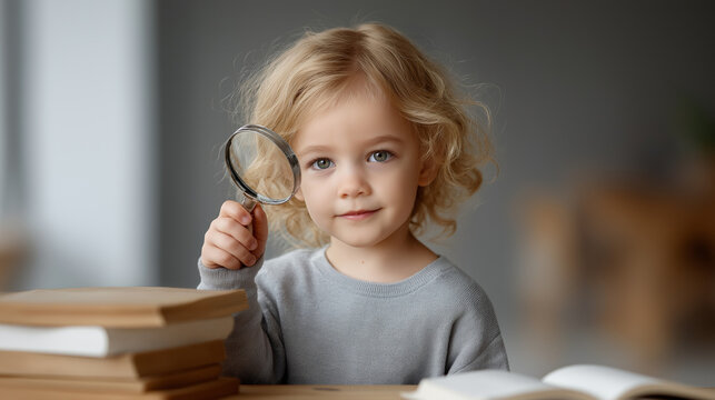 Blond little girl looking through a magnifying glass, showing a sense of curiosity, discovery, and early learning with books on a table indoors