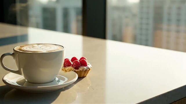Morning luxury A latte art cappuccino and raspberry tart sit on a bright windowsill with a blurred cityscape view evoking a sense of calm indulgence