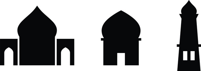 Black mosque and minaret silhouette set Islamic architecture elements isolated on white background for Ramadan Eid design and vector use