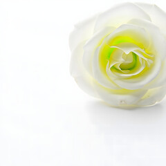 Close up of white rose with soft yellow center on white background