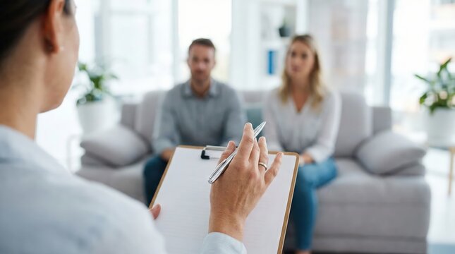 Professional Female Psychologist in White Lab Coat Taking Notes on Clipboard During Couple Counseling Session with Blurred Adult Caucasian Man and Woman in Therapy Office; Mental Health