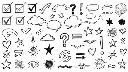 Obraz premium Collection of Hand Drawn Doodle Elements: Stars, Hearts, Clouds, Arrows, Checks, and Symbols