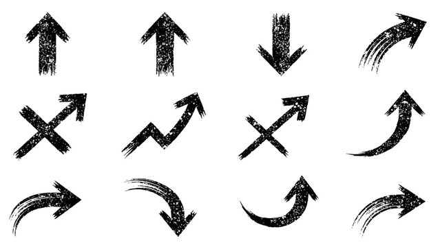 Collection of Grunge Arrows: Up, Down, Diagonal, Curved, and Jagged Directions
