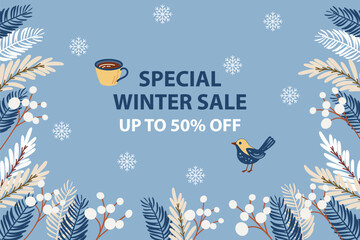 Winter sale banner with hand-drawn flat winter elements with cute bird, fir branches, cup of coffee