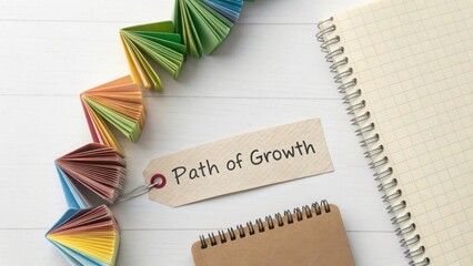 A Conceptual Flat Lay of a 'Path of Growth' Tag Arranged Like a Spiral Staircase With Colorful Folded Notes