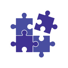 Fototapeta premium Four interconnected blue puzzle pieces form a square with a missing piece in a minimalist illustration style