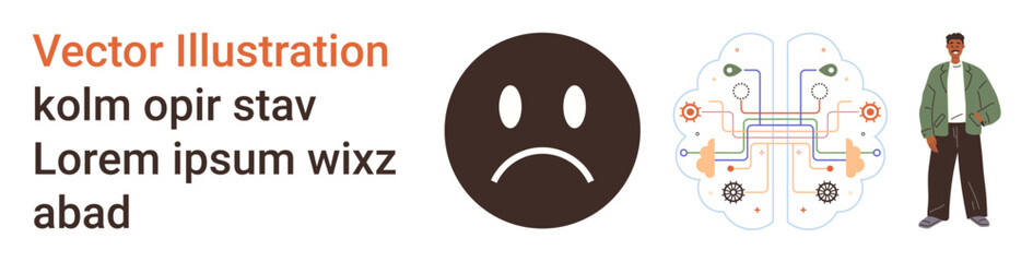 Fototapeta premium Emotional health, technology, artificial intelligence, human emotions, neural networks, mental awareness. A sad face icon, a brain circuit design and a person. Emotional health and technology