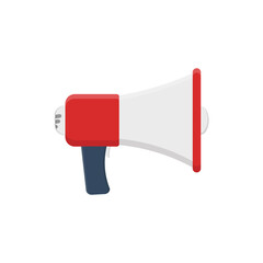 illustration of a red megaphone and an open mailbox on a white background as a business communication icon for sending mail and digital message correspondence delivery concept
