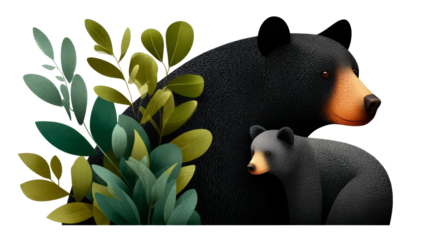 Black bear and cub illustration surrounded by green foliage, showcasing a natural wildlife scene with vibrant colors and textures, ideal for educational  isolated image, transparent background