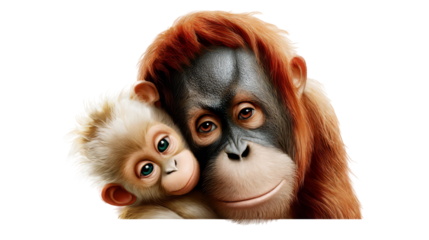 Illustration of a mother orangutan and her baby, both with expressive eyes, showcasing their close bond in a vibrant and colorful style. isolated image, transparent background